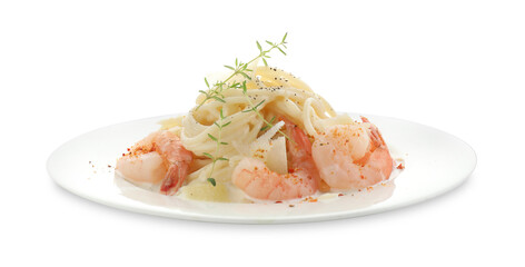 Delicious pasta with shrimps and cheese isolated on white