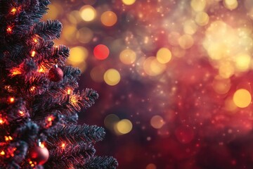 Close-up of a Christmas Tree with Red Ornaments and Lights Against a Bokeh Background