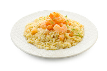 Delicious risotto with shrimps and cheese isolated on white