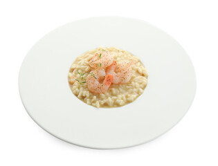 Delicious risotto with shrimps and cheese isolated on white