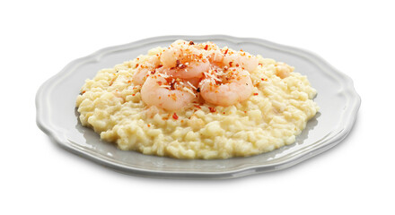Delicious risotto with shrimps and cheese isolated on white