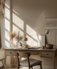 room interior with functional workspace, lamp