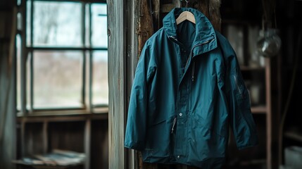 Hanging jacket in rustic setting, natural light