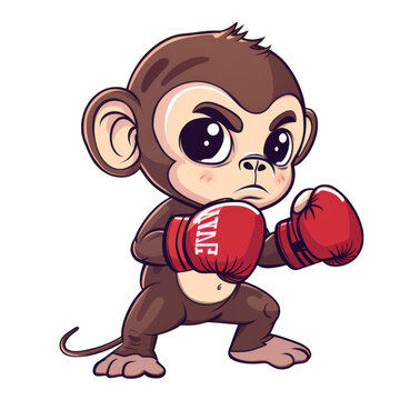 A cute cartoon monkey wearing red boxing gloves, ready to fight.