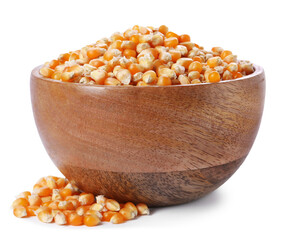 Fresh corn kernels in wooden bowl isolated on white
