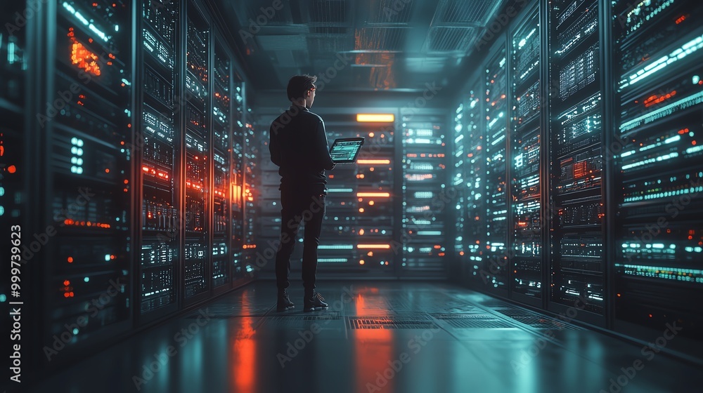 Poster it technician working with a sleek server rack, surrounded by minimal yet hightech tools, it support
