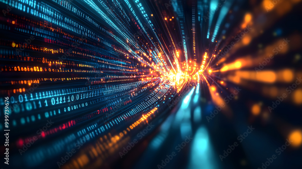 Poster abstract digital data stream with glowing lines and numbers, representing fast internet connection, 