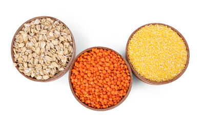 Different types of cereals isolated on white, top view