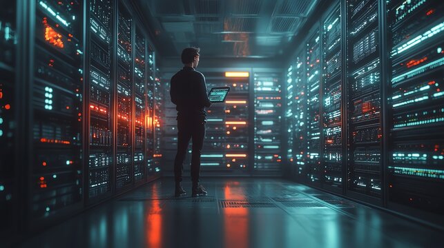 IT technician working with a sleek server rack, surrounded by minimal yet hightech tools, IT support, server room aesthetics