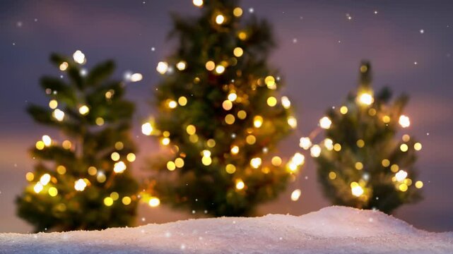 illuminated blurred christmas trees with snowflake animation in winter landscape at night with copy space, bright contemplative merry xmas backdrop 