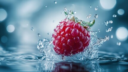 Wet Red Raspberry Surrounded by Water Droplets and Splashes