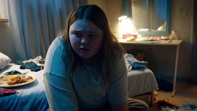 A plump and obese teenage girl sits and is sad in her room because of her unhealthy lifestyle and bad figure