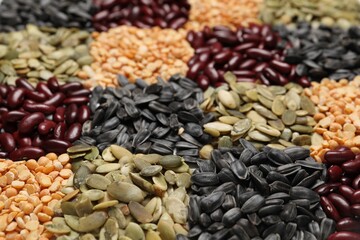 Different types of legumes and seeds on table, closeup