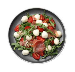 Tasty salad with arugula, mozzarella cheese, tomatoes and jamon isolated on white, top view