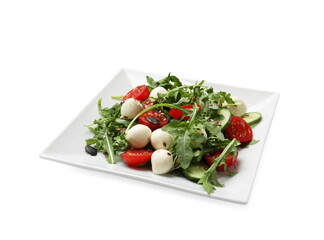 Tasty salad with arugula, mozzarella cheese and vegetables isolated on white