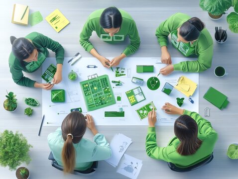 Group of women collaborating on a green project in a modern office, focusing on sustainability and environment-friendly technology.