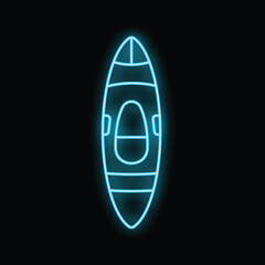 Bright blue neon sign of a kayak glowing on a black background
