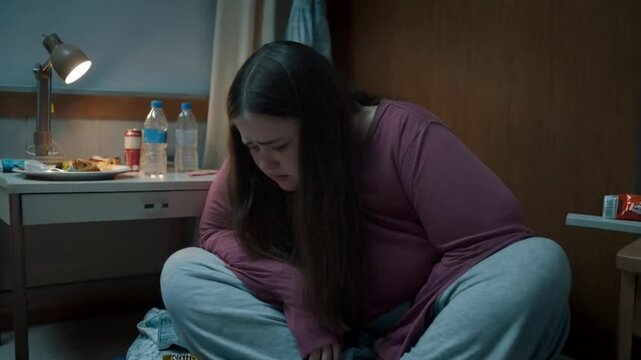 A plump and obese teenage girl sits and is sad in her room because of her unhealthy lifestyle and bad figure