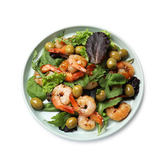 Delicious shrimp salad with olives isolated on white, top view