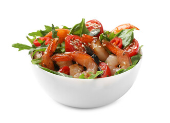 Delicious shrimp salad with vegetables in bowl isolated on white