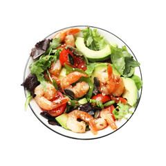 Delicious shrimp salad with vegetables isolated on white, top view