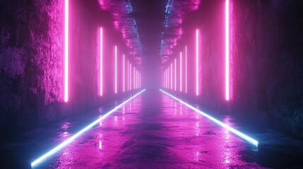 Futuristic Neon Corridor with Reflective Floor