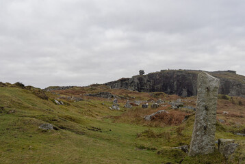 Looking at the cheesewring at Minions on Bodmin  Moor on a grey cloudy day
