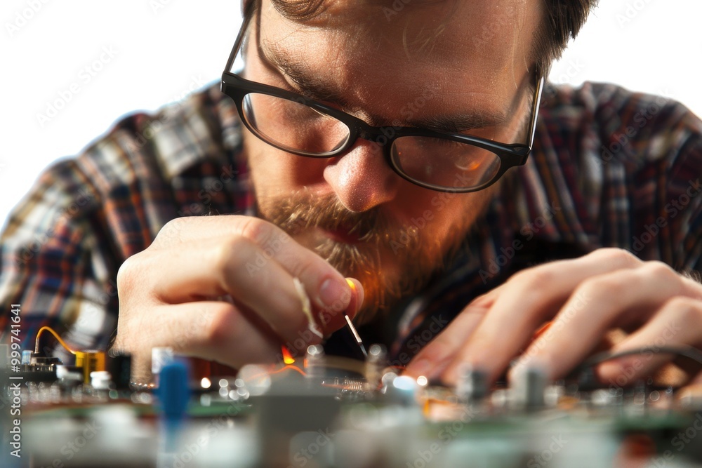 Poster a person works on a circuit board with various components and wires