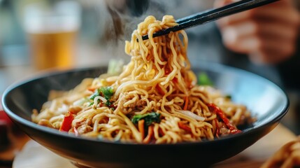 Steaming Hot Asian Noodle Dish Served with Chopsticks on Plate