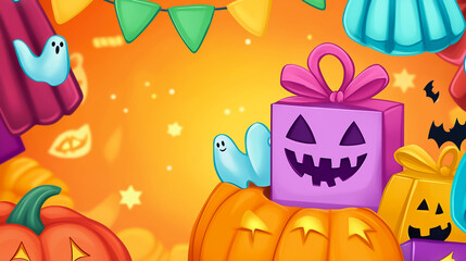 This colorful Halloween banner showcases cheerful ghosts, carved pumpkins, and decorative gifts against a bright orange background, perfect for promotional events and festivities