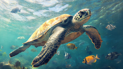 Obraz premium Sea Turtle and Fish A Harmonious Dance