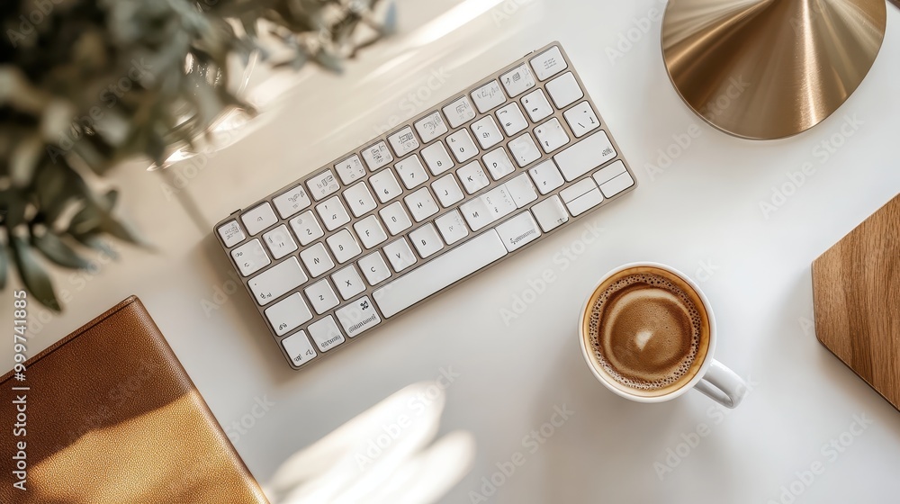 Aufkleber a workspace featuring a keyboard, coffee, and a notebook, creating a productive atmosphere.