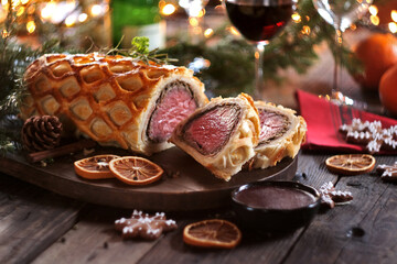 Beef Wellington - a fillet of beef tenderloin steak wrapped in puff pastry. Selective focus