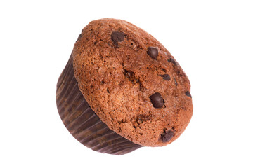 Delicious sweet muffin with chocolate chips isolated on white