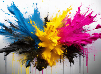 Vibrant CMYK Explosion: Dynamic Burst of Cyan, Magenta, Yellow, and Black Toner
