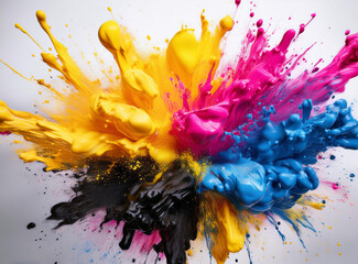 Vibrant CMYK Explosion: Dynamic Burst of Cyan, Magenta, Yellow, and Black Toner
