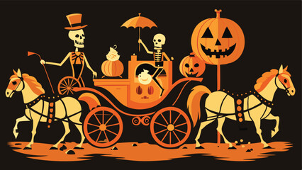 Fototapeta premium Print Pumpkin Carriage Pulled by Skeleton Horses Halloween Background Vector Illustration for Spooky Seasonal Designs