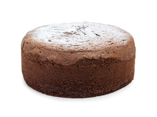 Tasty chocolate sponge cake with powdered sugar isolated on white
