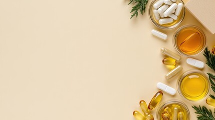Vitamin tablets and capsules are arranged in glass bowls on a wooden board against a beige backdrop, highlighting a colorful variety for promoting healthy dietary choices