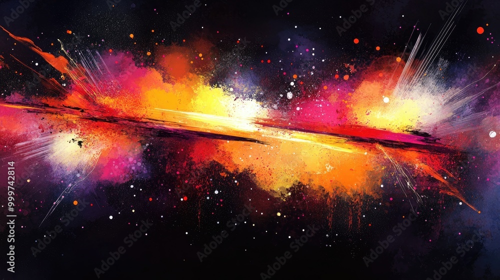 Poster a vibrant abstract depiction of a cosmic scene with bright colors and dynamic splashes.