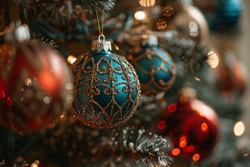 Brightly colored ornaments in various shapes and designs adorn a Christmas tree, complemented by warm, twinkling lights, creating a festive atmosphere for the holiday season