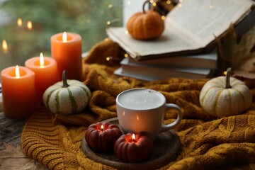 Cup of coffee, pumpkins, burning candles and soft sweater on table. Autumn atmosphere