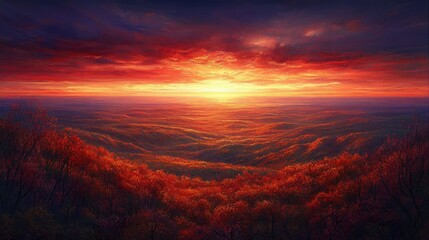 A breathtaking sunset over rolling hills, showcasing vibrant colors and serene landscapes.