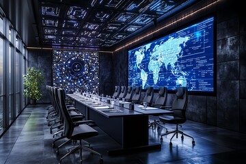 Modern conference room with high-tech digital screens, sleek chairs, and a futuristic design for business meetings and presentations.