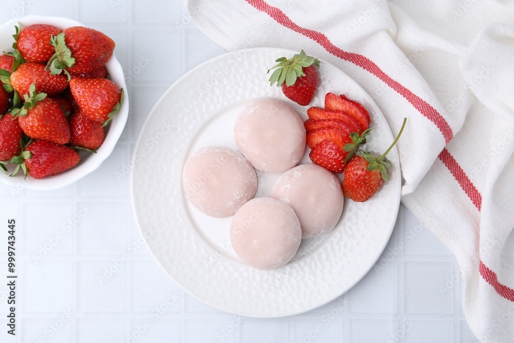 Canvas Prints Delicious mochi and strawberries on white tiled table, top view