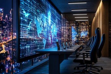 Modern control room with large digital screens displaying global data and maps, illuminated by city lights.