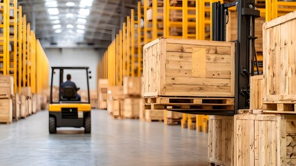 Forklift Lifting Wooden Crate in a Warehouse, Industrial Logistics and Transportation Concept.