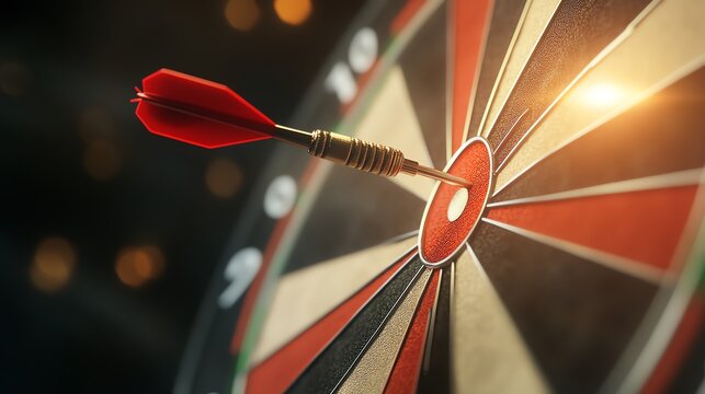 Close-up image of a dart hitting the bullseye on a dartboard in focused lighting, emphasizing precision and success in achieving a target.