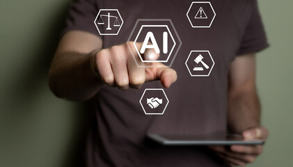 Concept of AI laws and regulations. Legal standards and ethical policy of AI