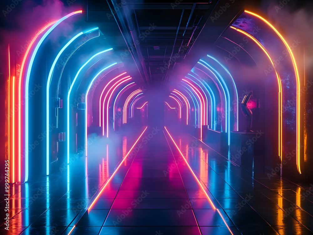 Wall mural Vibrant cyber club scene with geometric neon lighting and futuristic arches, set against a backdrop of dark, smoky ambiance for an immersive party